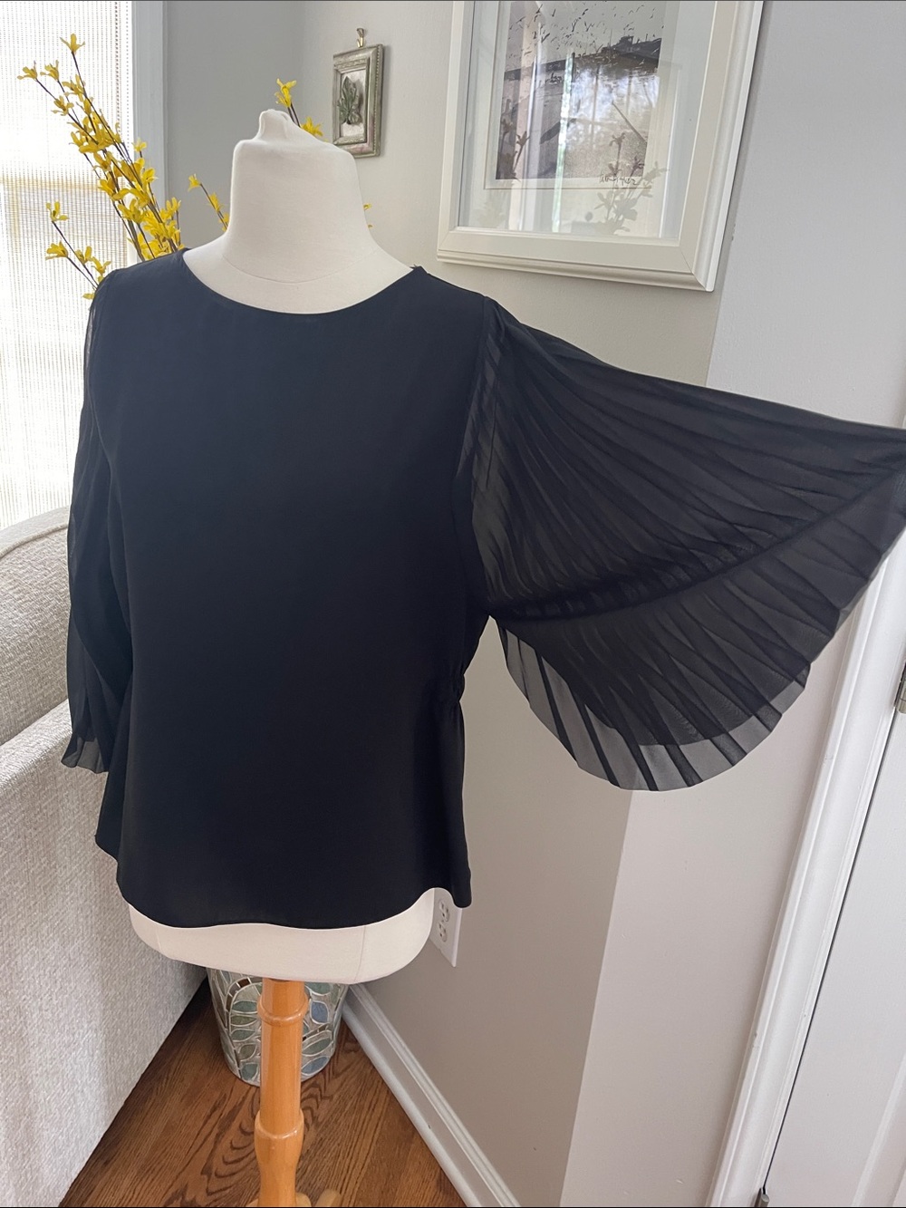 ADL Black Pleated Chiffon Sleeve Blouse Size S